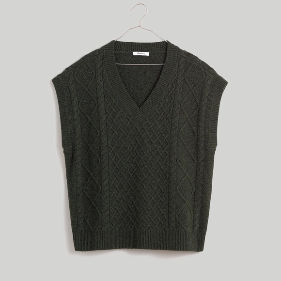 Madewell Cable Knit V-Neck Sweater Vest M Dark Forest Green - Picture 3 of 15